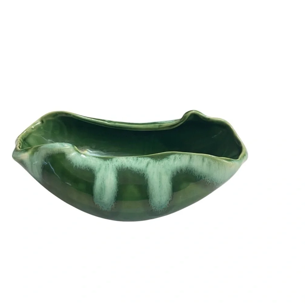 Vintage Green Ceramic Leaf Dish Bowl – Mid-Century Modern Planter Decor Bowl